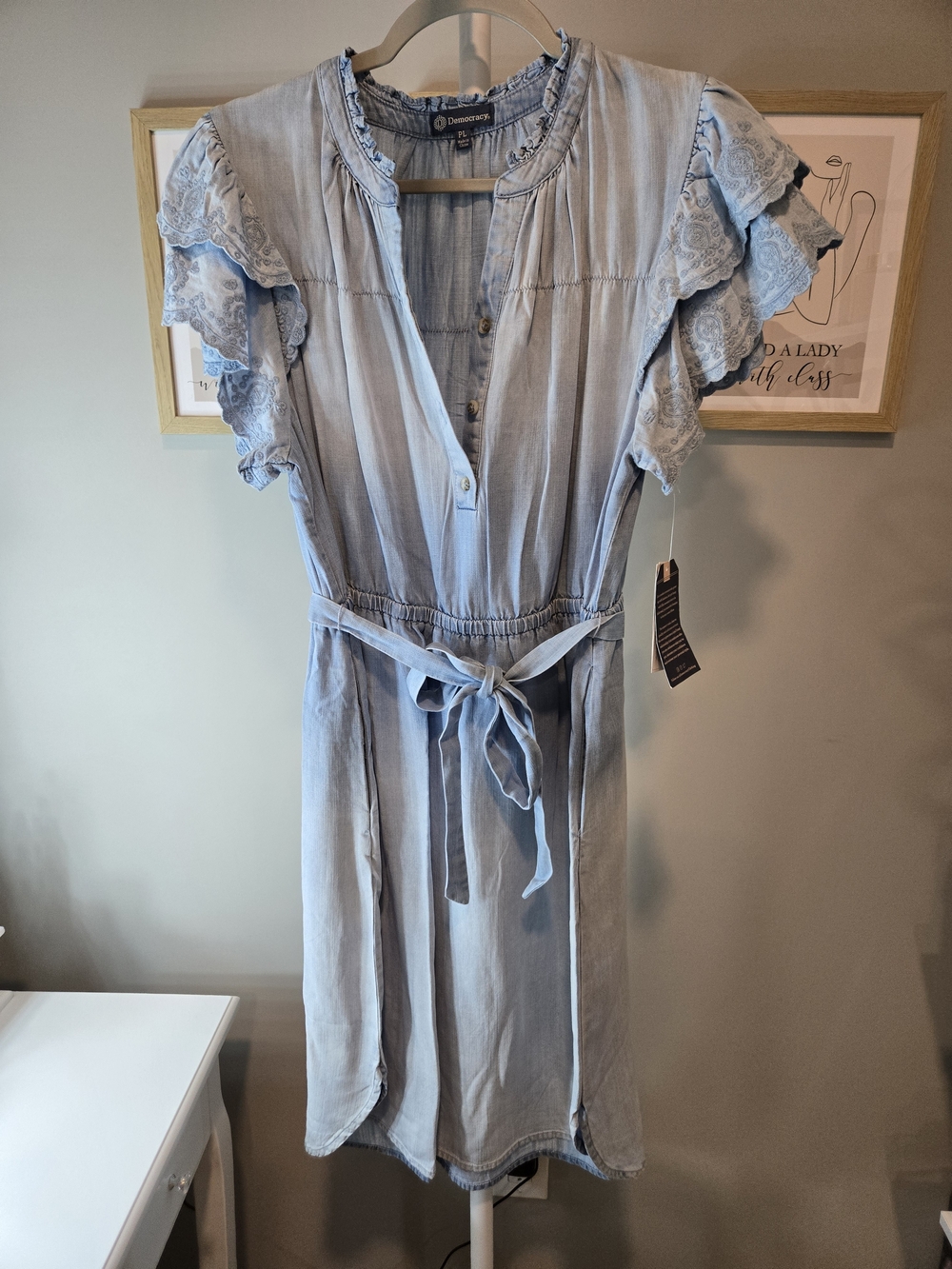 Democracy Light Blue Ruffle Sleeve Tie-Waist Dress